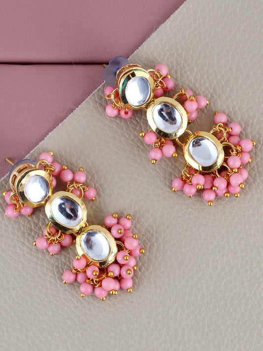 Traditional Back Meenkari Gold Plated uncut kundan Pink Earrings