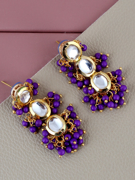 Traditional Back Meenkari Gold Plated uncut kundan Purple Earrings