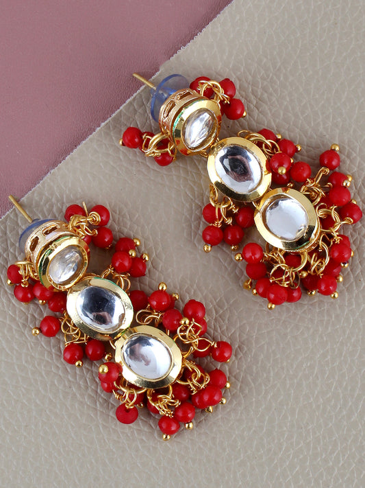 Traditional Back Meenkari Gold Plated uncut kundan Red Earrings