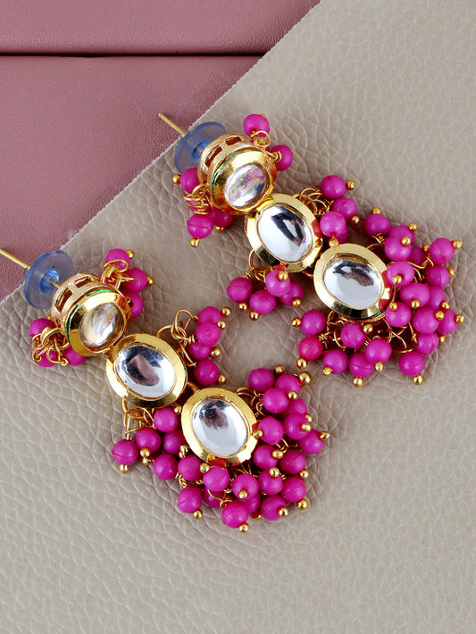 Traditional Back Meenkari Gold Plated uncut kundan Magenta Earrings