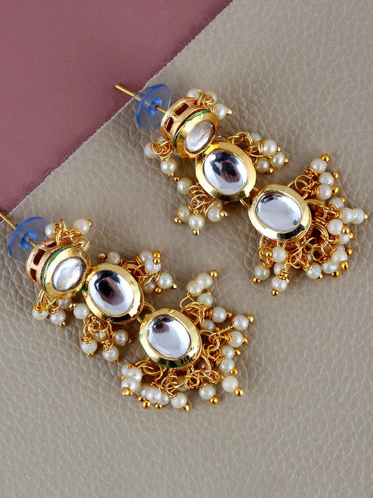 Traditional Back Meenkari Gold Plated uncut kundan White Earrings