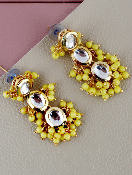 Traditional Back Meenkari Gold Plated uncut kundan Yellow color Earrings