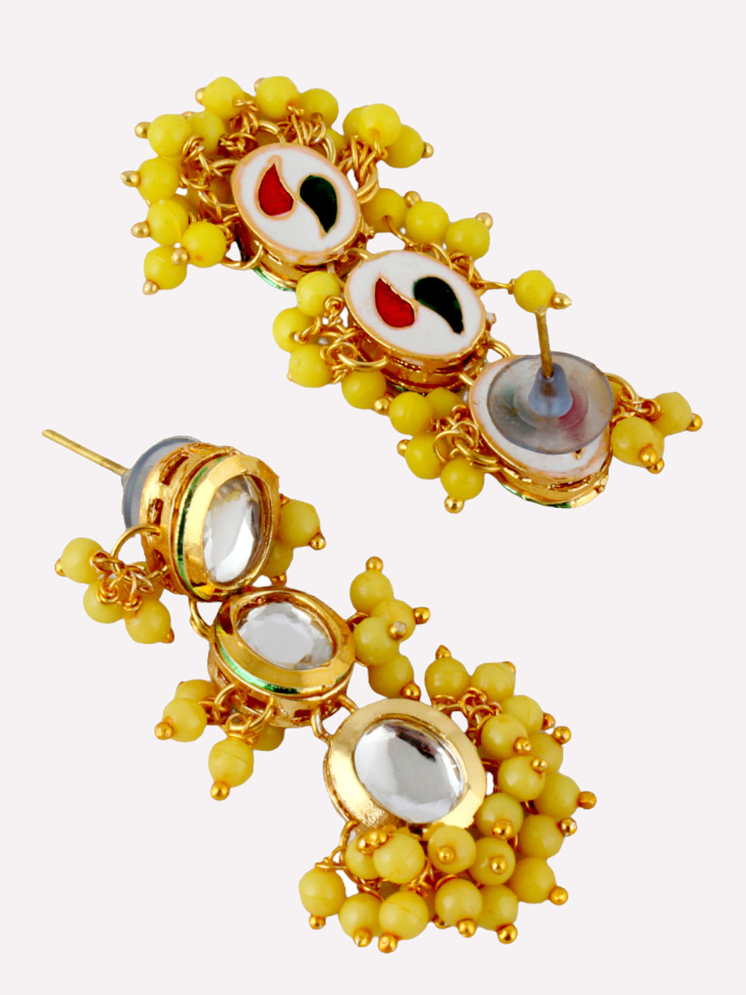 Traditional Back Meenkari Gold Plated uncut kundan Yellow color Earrings