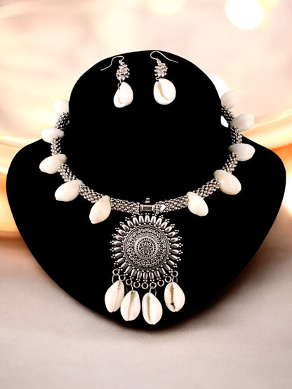 Oxidised Silver Tribal Navratri Dandiya Afgani Boho Necklace Set with Earrings for Women & Girls