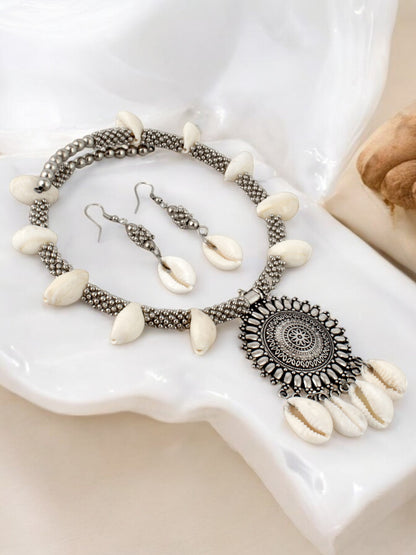 Oxidised Silver Tribal Navratri Dandiya Afgani Boho Necklace Set with Earrings for Women & Girls