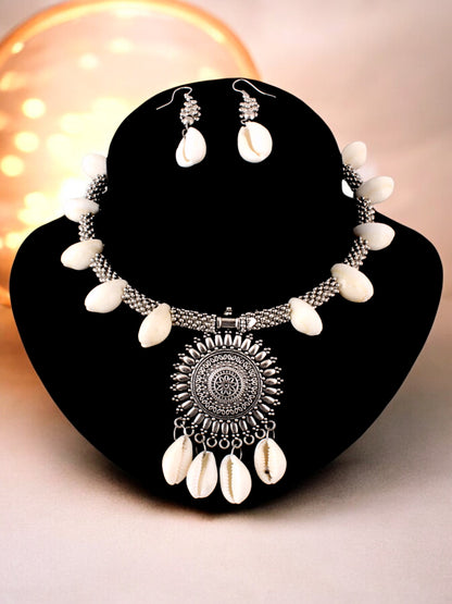 Oxidised Silver Tribal Navratri Dandiya Afgani Boho Necklace Set with Earrings for Women & Girls