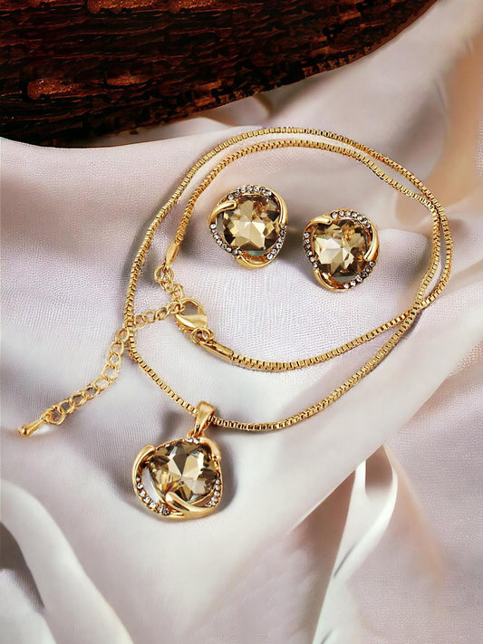 Trendy Gold Plated Stone Pendant Chain With Earrings