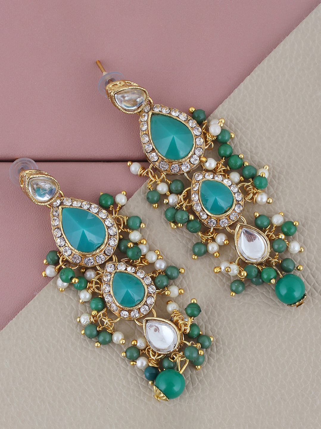 Traditional Gold Plated Kundan Stone Light Green Earrings for Girls & Women