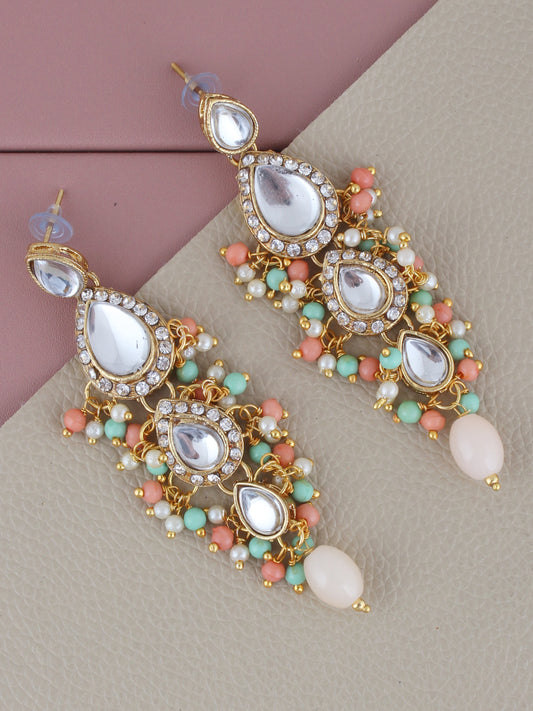 Traditional Gold Plated Kundan Stone Light Peach Mint Earrings for Girls & Women