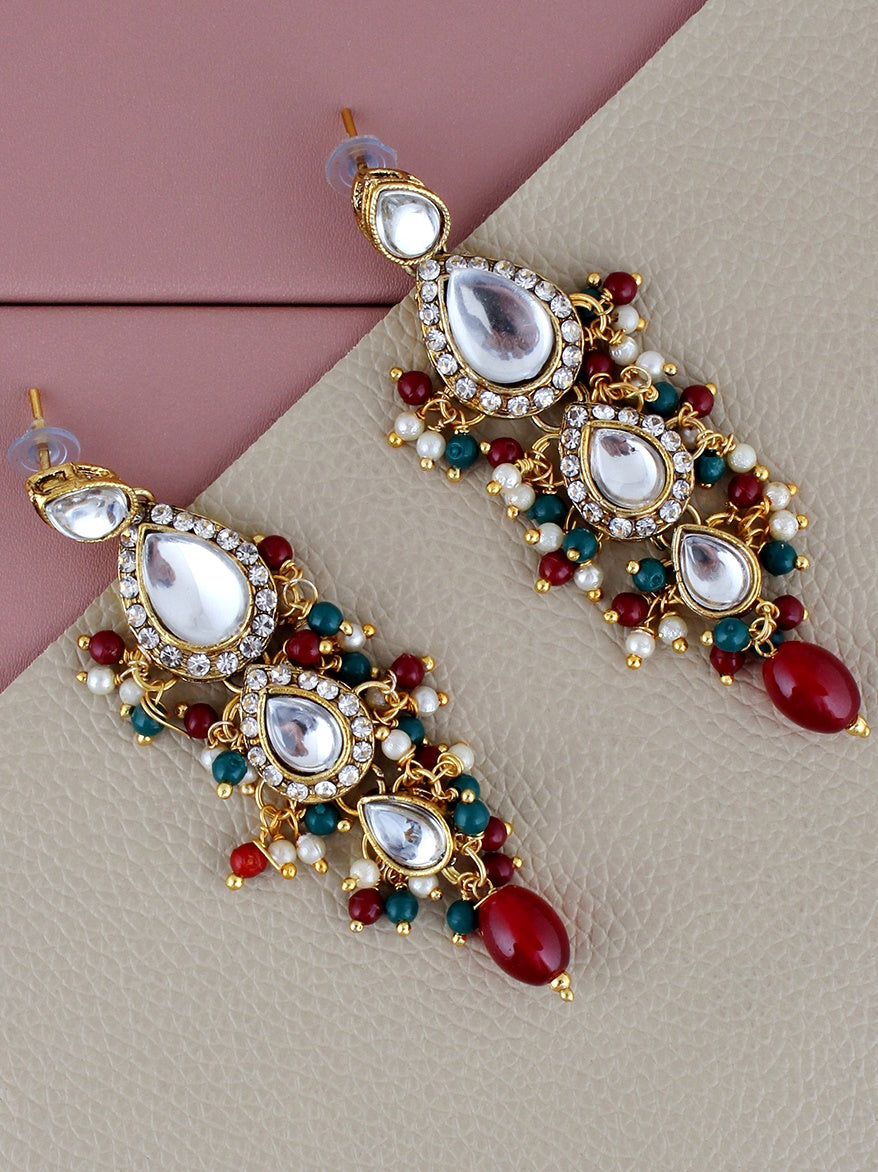 Traditional Gold Plated Kundan Stone Maroon Green  Earrings for Girls & Women