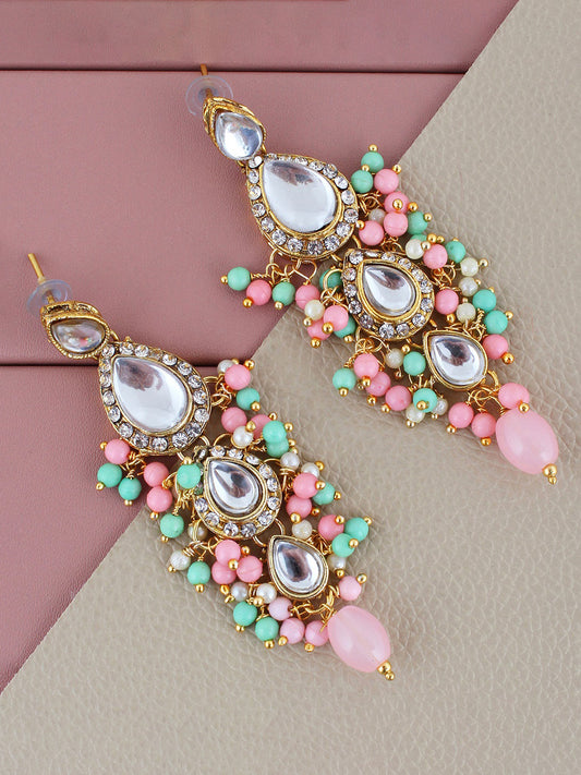 Traditional Gold Plated Kundan Stone Pink Mint  Earrings for Girls & Women