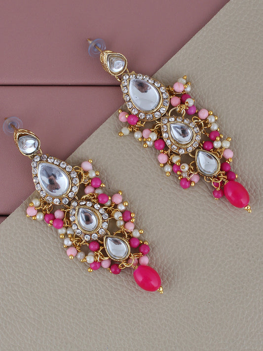 Traditional Gold Plated Kundan Stone Magenta Pink Earrings for Girls & Women