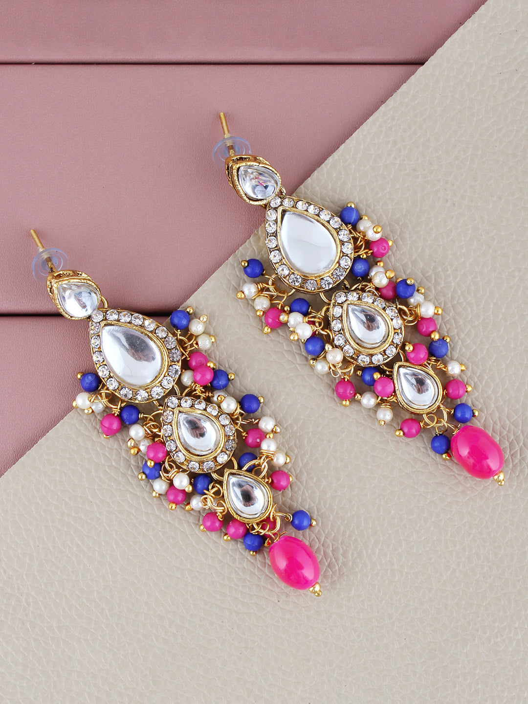 Traditional Gold Plated Kundan Stone Magenta Blue Earrings for Girls & Women