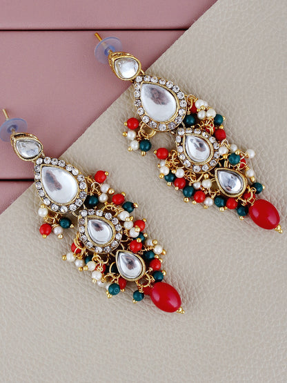 Traditional Gold Plated Kundan Stone Red Green Earrings for Girls & Women