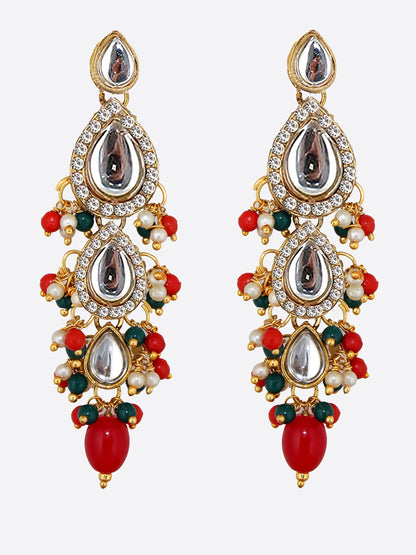 Traditional Gold Plated Kundan Stone Red Green Earrings for Girls & Women