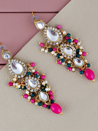 Traditional Gold Plated Kundan Stone Magenta Green Earrings for Girls & Women