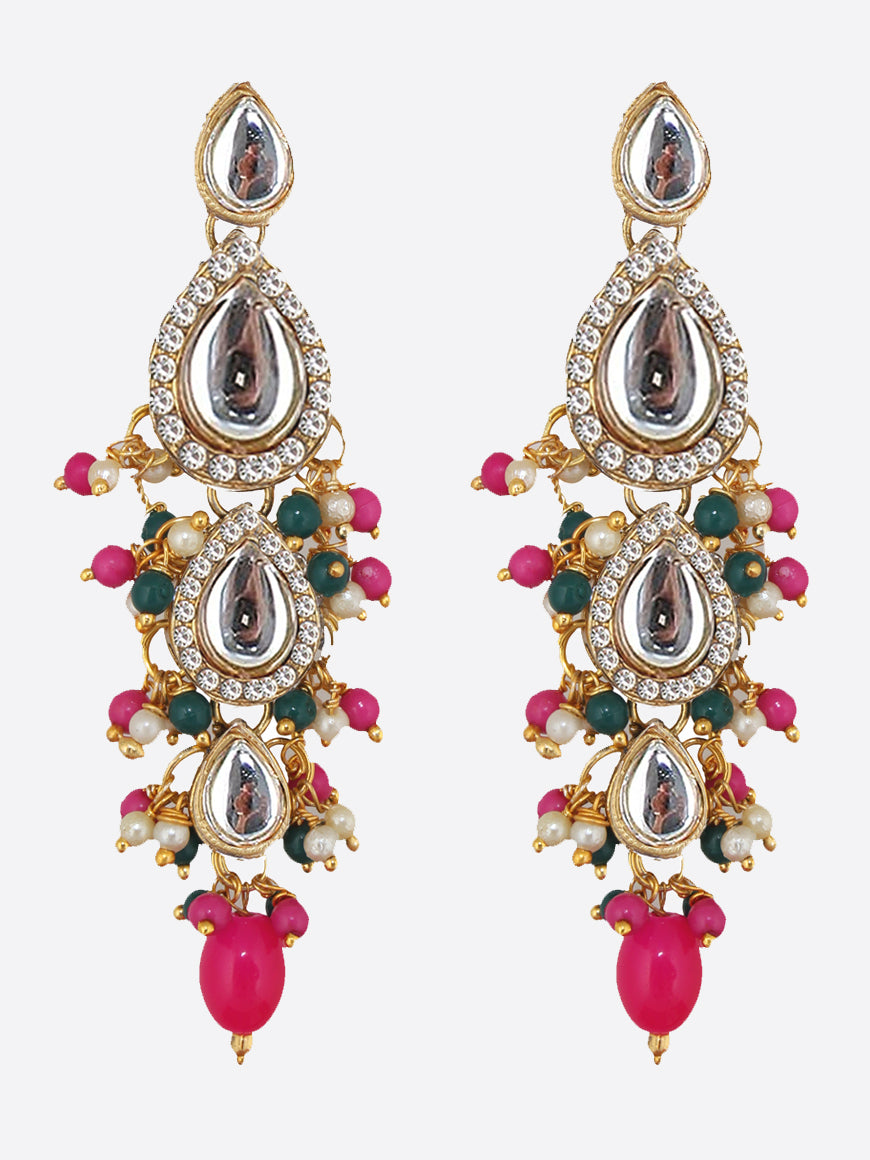 Traditional Gold Plated Kundan Stone Magenta Green Earrings for Girls & Women