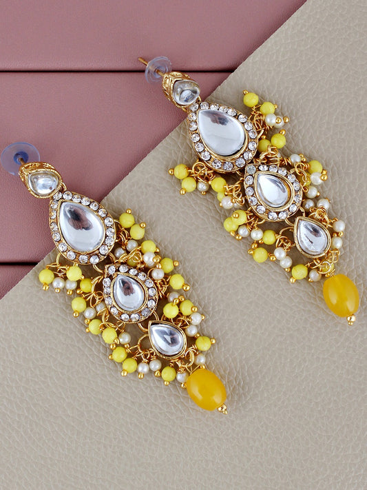 Traditional Gold Plated Kundan Stone Yellow Earrings for Girls & Women