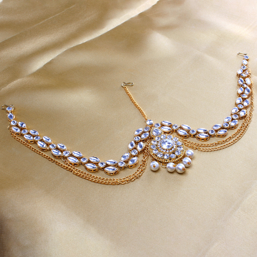 Lucky Jewellery Designer Gold Plated White Color Moti Pearl Maang Tikka Damini Kundan Stone Wedding Mathapatti for Girls & Women (281-L1PK-18-W)