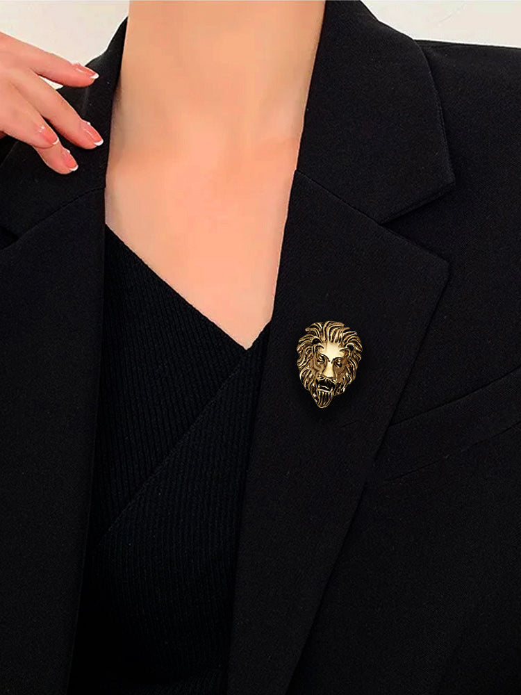 LUCKY JEWELLERY Designer Antique Gold Oxidised Plating Lion Jaguar Face Shaped Brooch/Lapel Pin for Men &  Women (100-CHOO-1175)