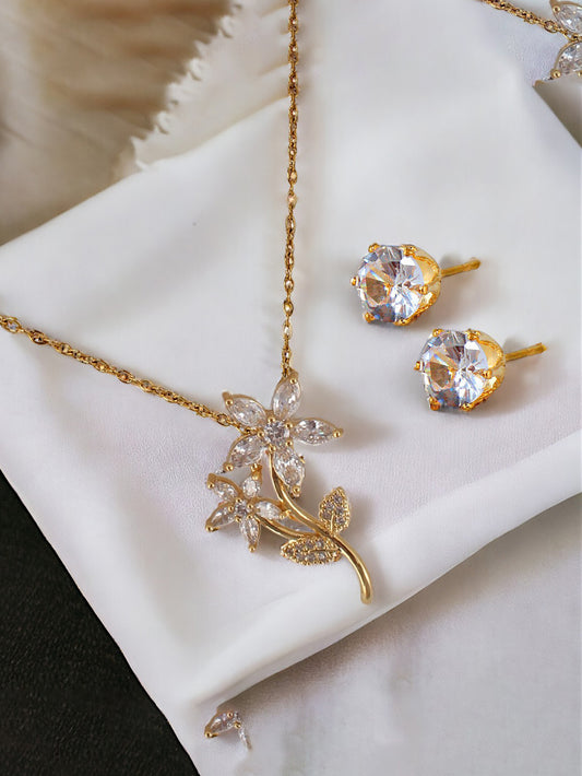 Trendy Gold Plated Floral Pendant Chain With Studs