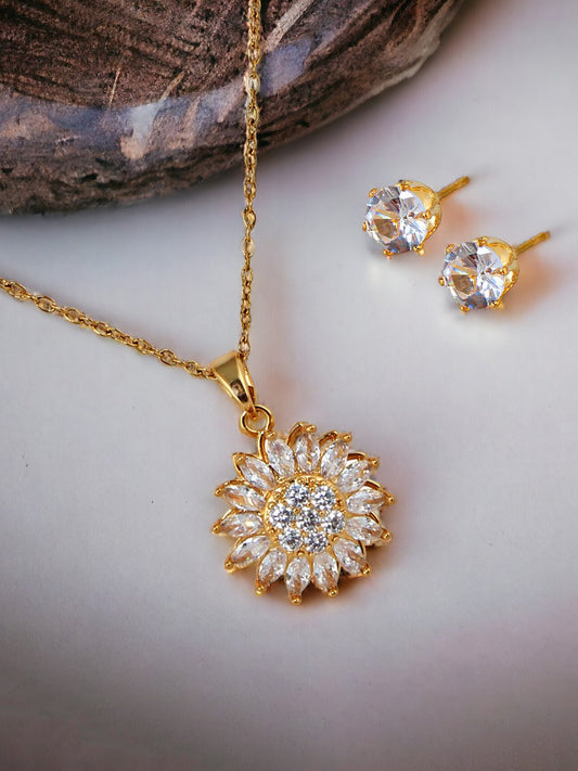 Trendy Gold Plated Spin Flower Pendant Chain With Studs