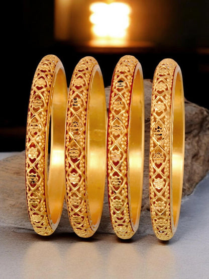 18k One Gram Gold Plated Traditional Designer Pack of 4 Bangle Set For Women