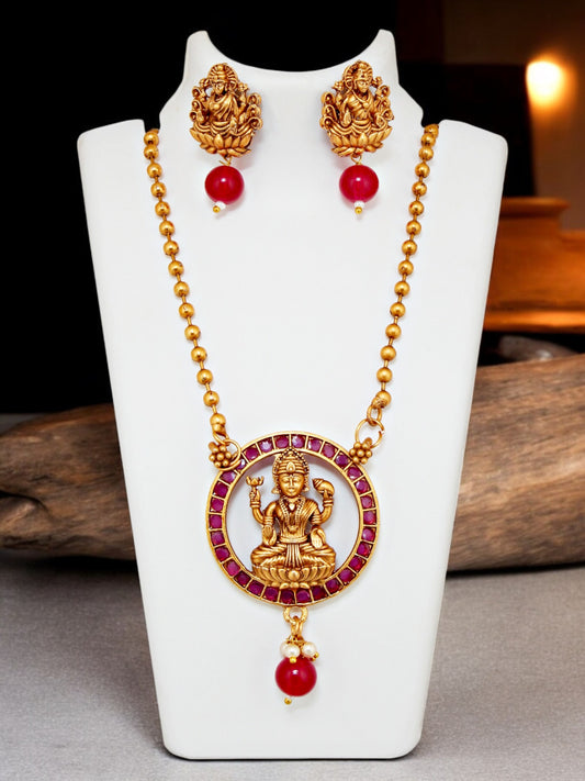 Trendy Gold Plated Goddess Laxmi Temple Jewelry Necklace with Earrings Pendant Earring Set