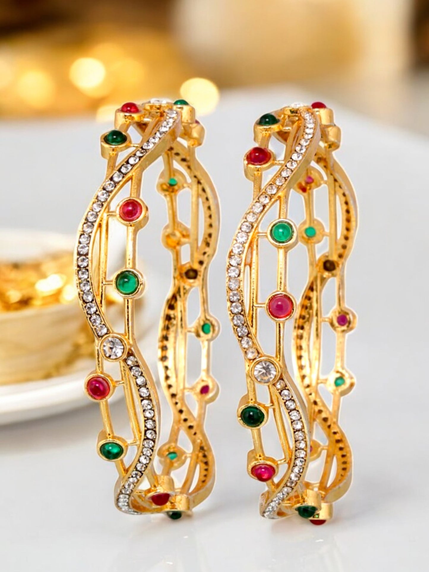 18k One Gram Gold Plated Traditional Designer Pack of 2 Bangle Set For Women