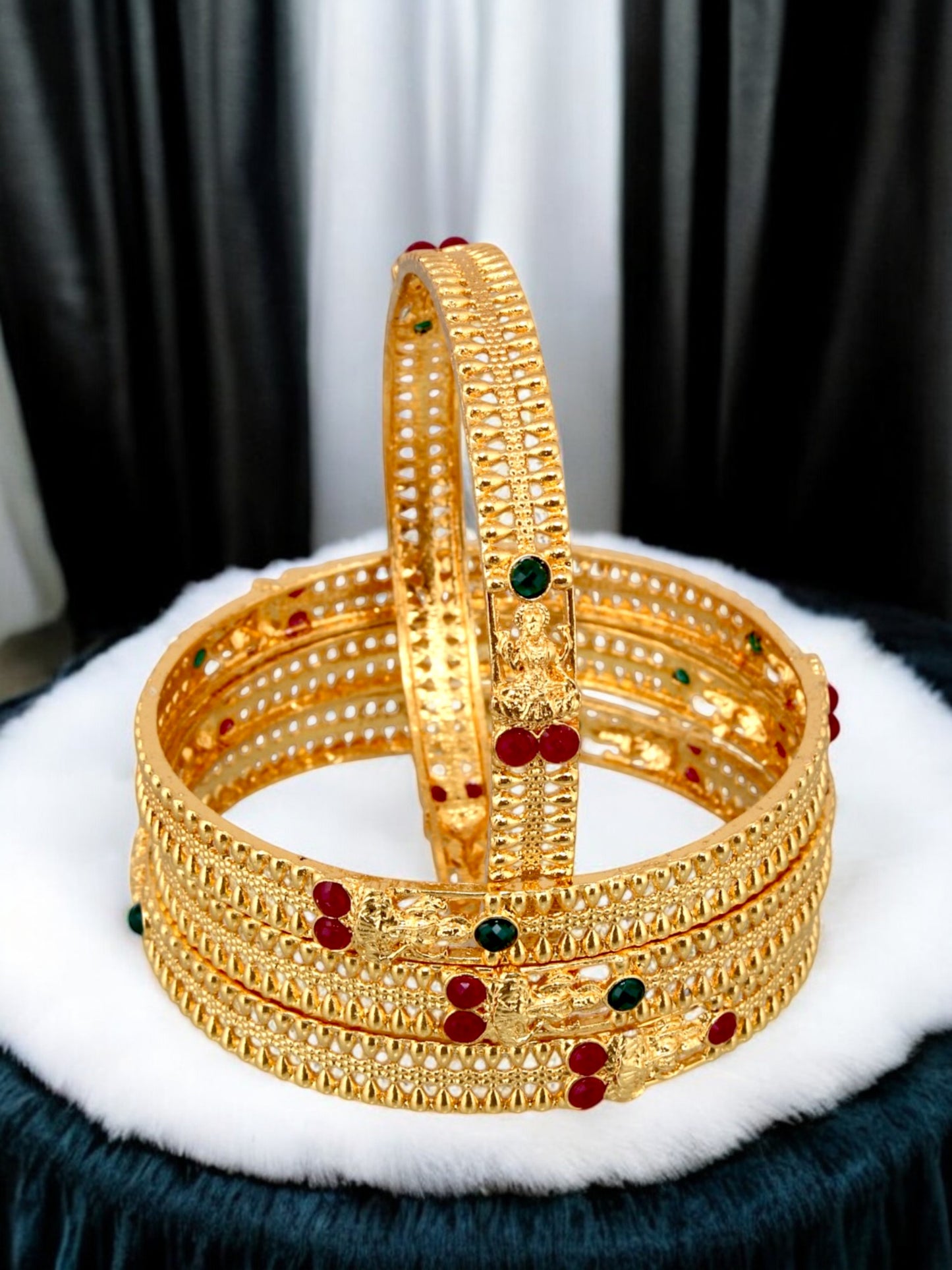 18k One Gram Gold Plated Traditional Temple Jewelry | Goddess Laxmi Design 2 Pair Bangles Bracelets & Kada Set for Women & Girls |