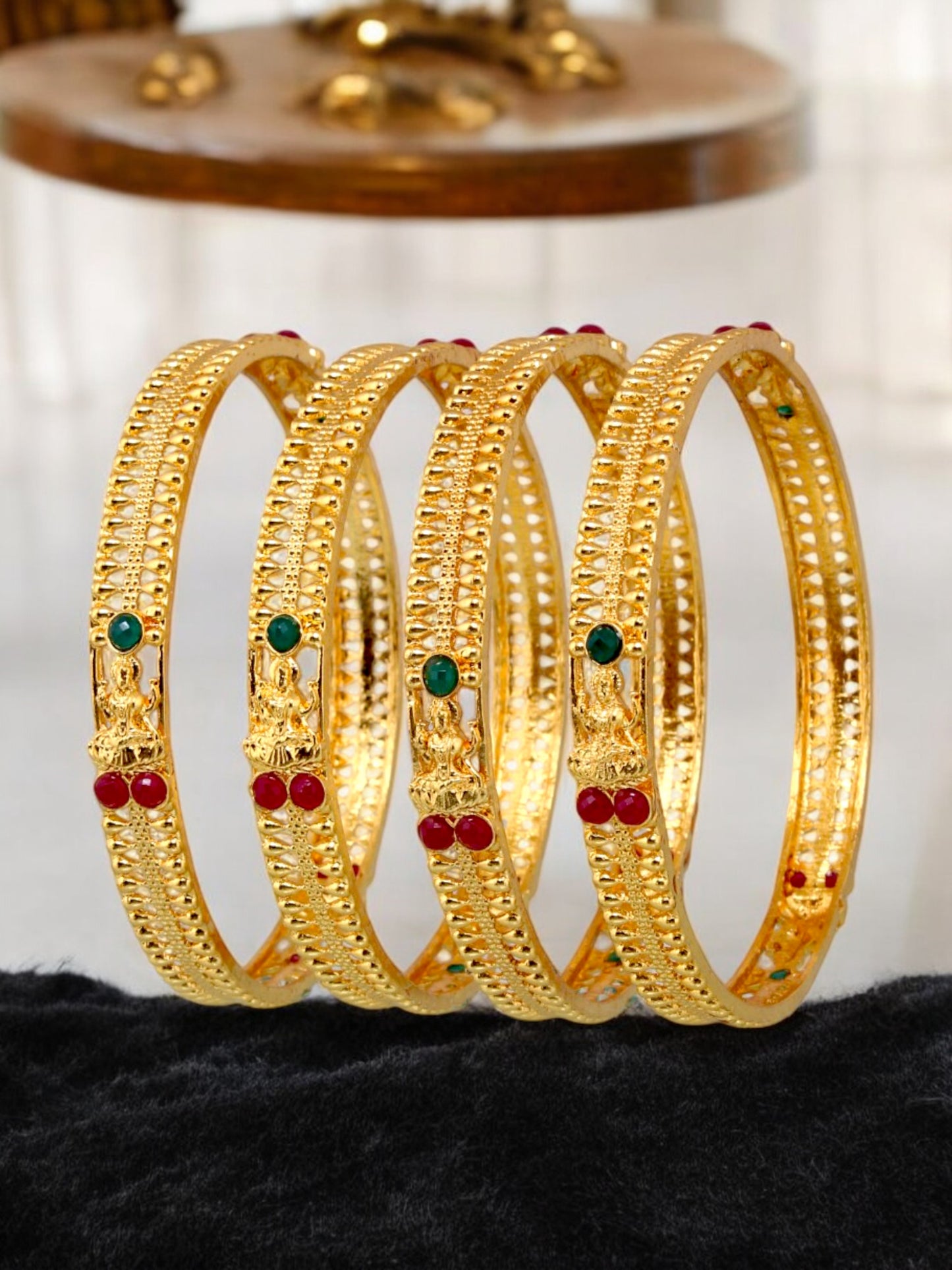 18k One Gram Gold Plated Traditional Temple Jewelry | Goddess Laxmi Design 2 Pair Bangles Bracelets & Kada Set for Women & Girls |