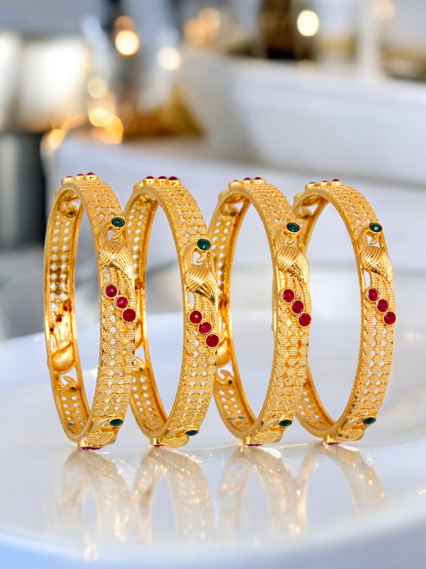 18k One Gram Gold Plated Traditional Designer Bangles|Peacock Design 2 Pair Bangle Bracelets & Kada Set for Women & Girls|