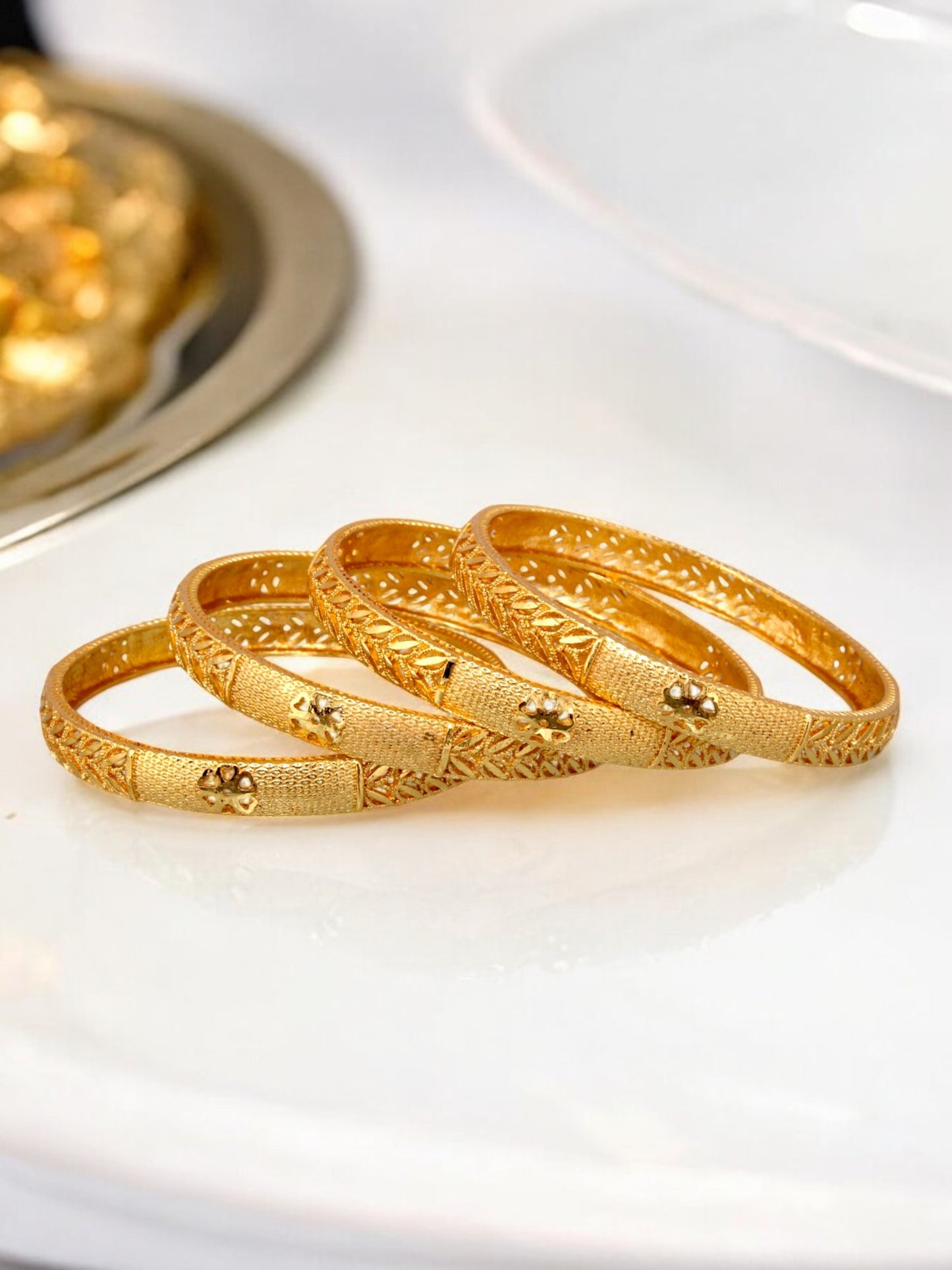 18k One Gram Gold Plated Traditional Designer Pack of 4 Bangle Set For Women