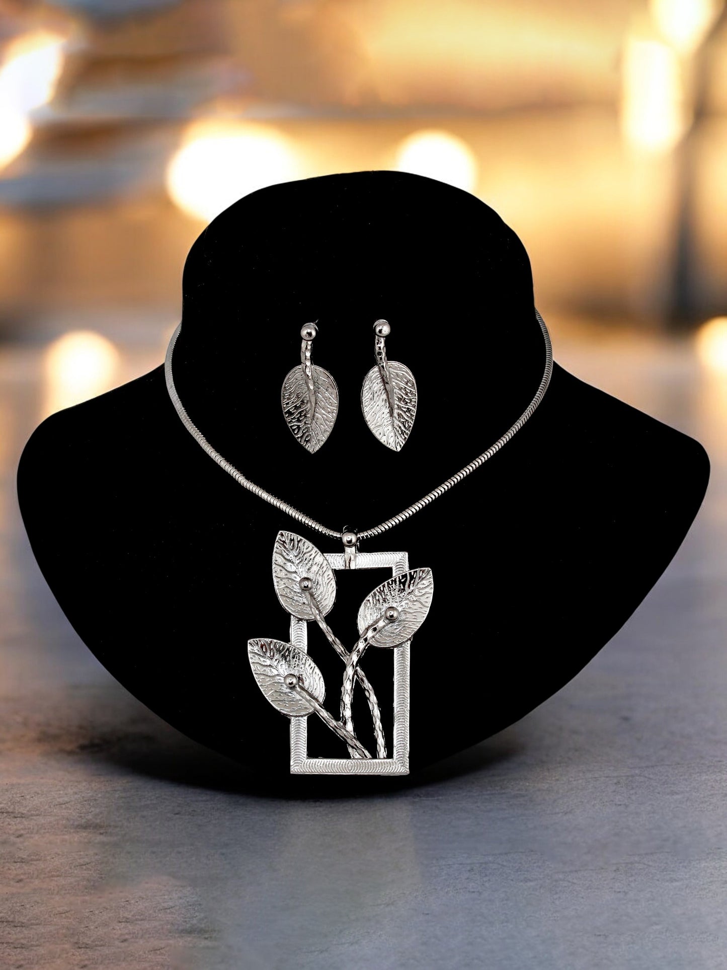 Trendy Oxidised Jewelry Necklace with Earrings Leaf Design Pendant and Earring Set For Women & Girls