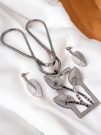 Trendy Oxidised Jewelry Necklace with Earrings Leaf Design Pendant and Earring Set For Women & Girls