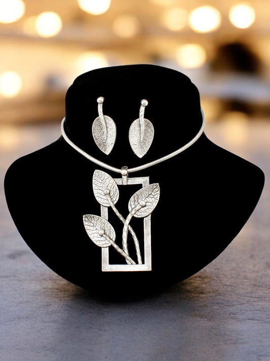 Trendy Oxidised Jewelry Necklace with Earrings Leaf Design Pendant and Earring Set For Women & Girls