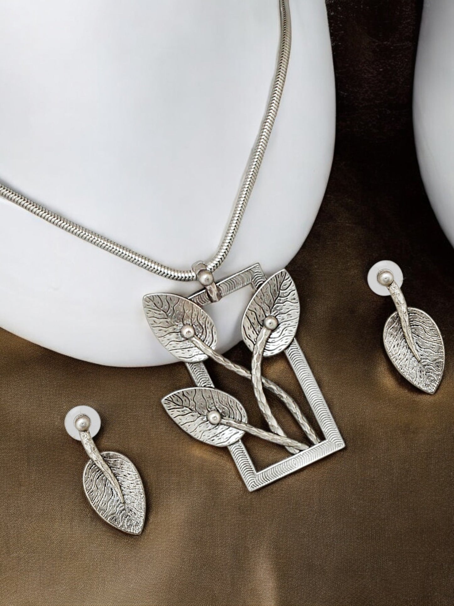 Trendy Oxidised Jewelry Necklace with Earrings Leaf Design Pendant and Earring Set For Women & Girls