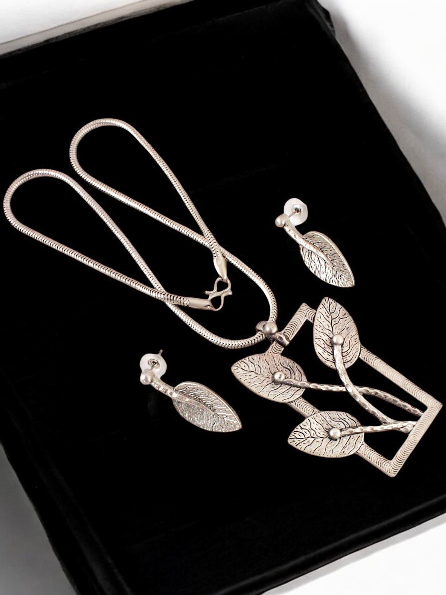 Trendy Oxidised Jewelry Necklace with Earrings Leaf Design Pendant and Earring Set For Women & Girls