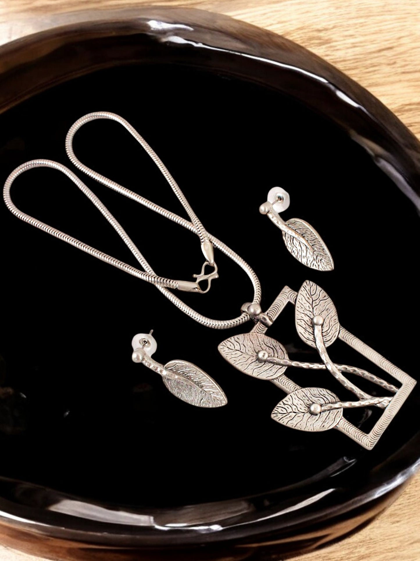 Trendy Oxidised Jewelry Necklace with Earrings Leaf Design Pendant and Earring Set For Women & Girls