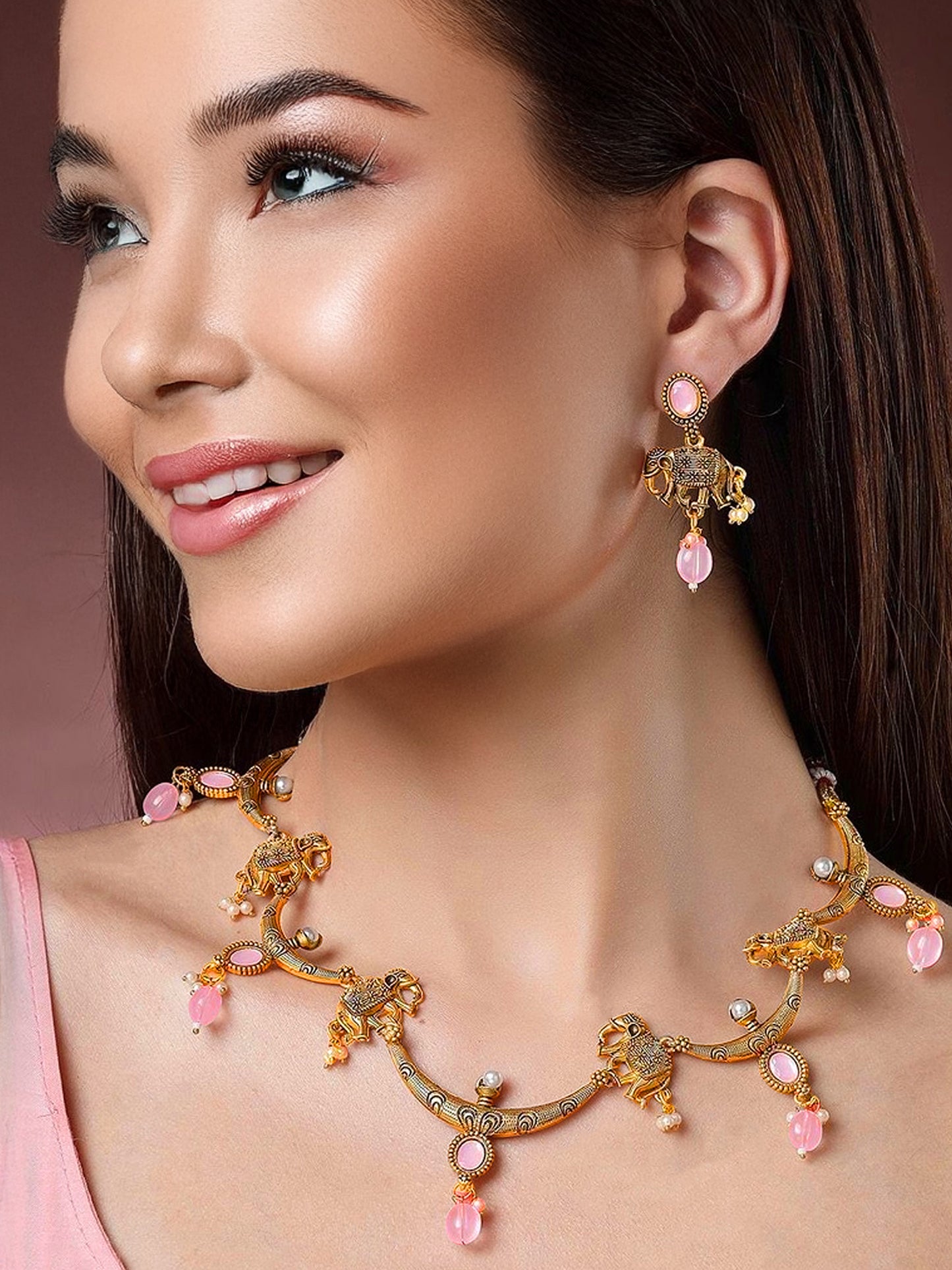 Trendy Gold Plated Jewelry Necklace with Earrings Elephant Design Oxidised Set and Earring Set