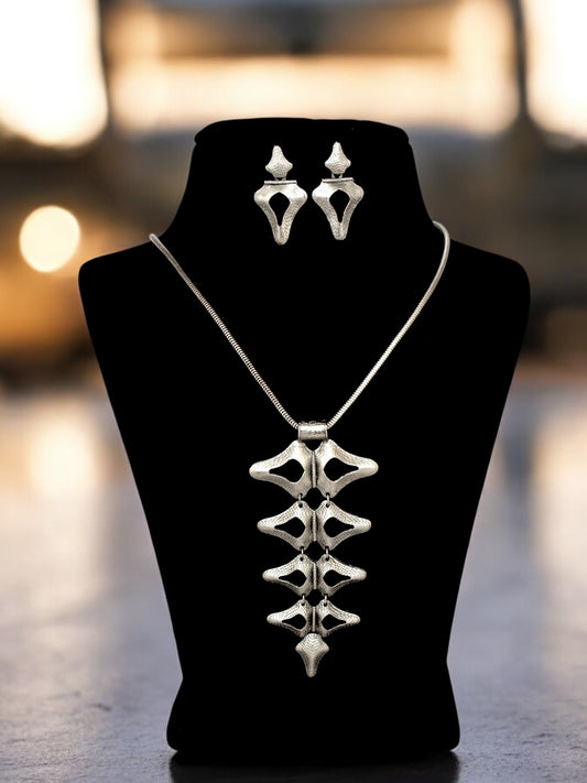 Silver Oxidised Jewelry Necklace with Earrings Trendy Long Necklace Jewellery and Earring Set