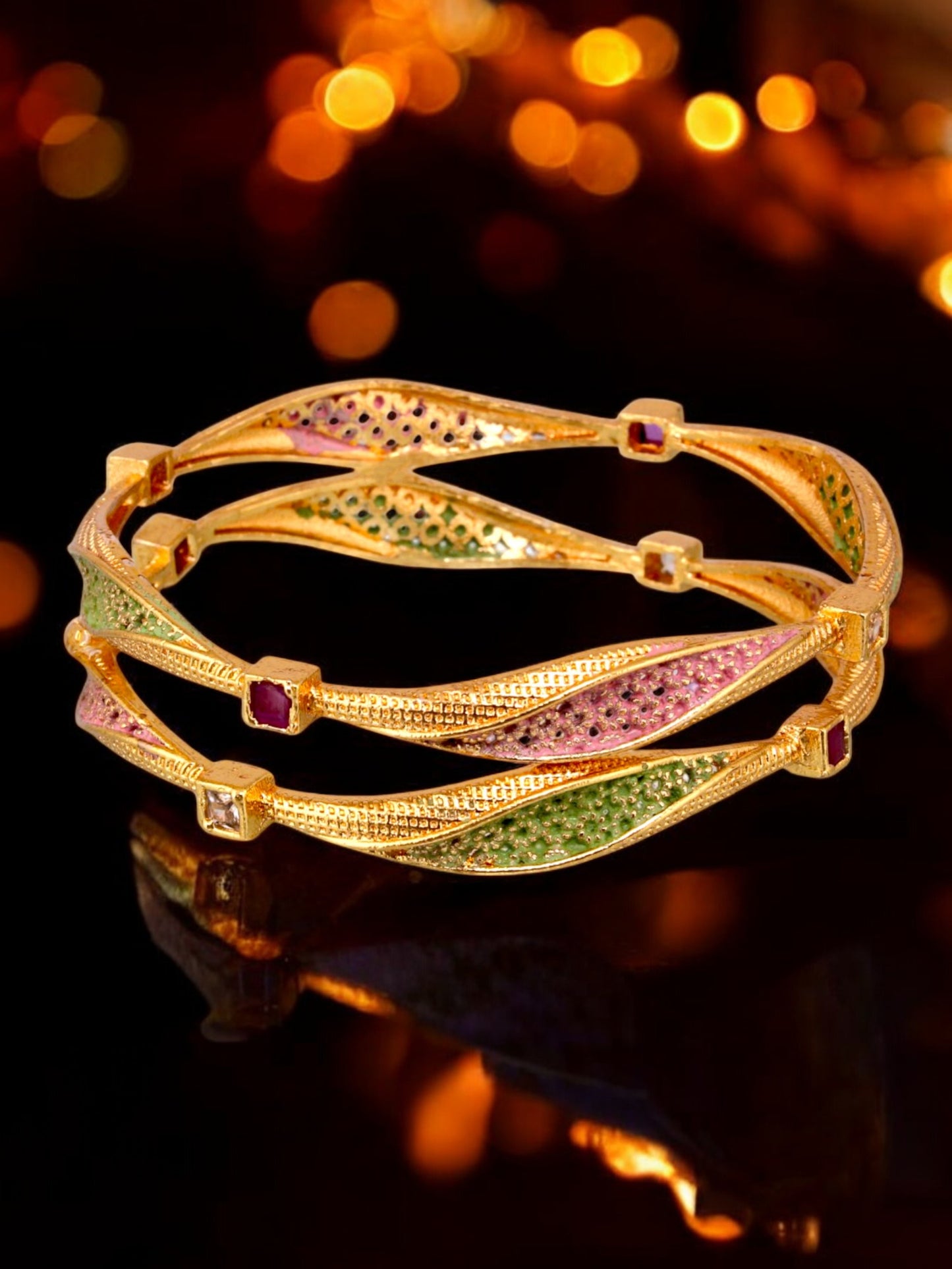 18k One Gram Gold Plated Traditional Designer Pack of 2 Bangle Set For Women