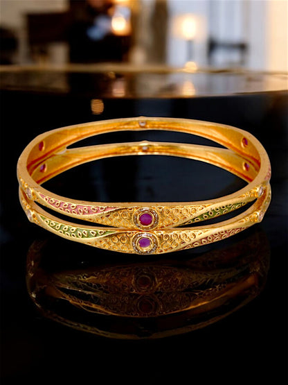 18k One Gram Gold Plated Traditional Designer Pack of 2 Bangle Set For Women