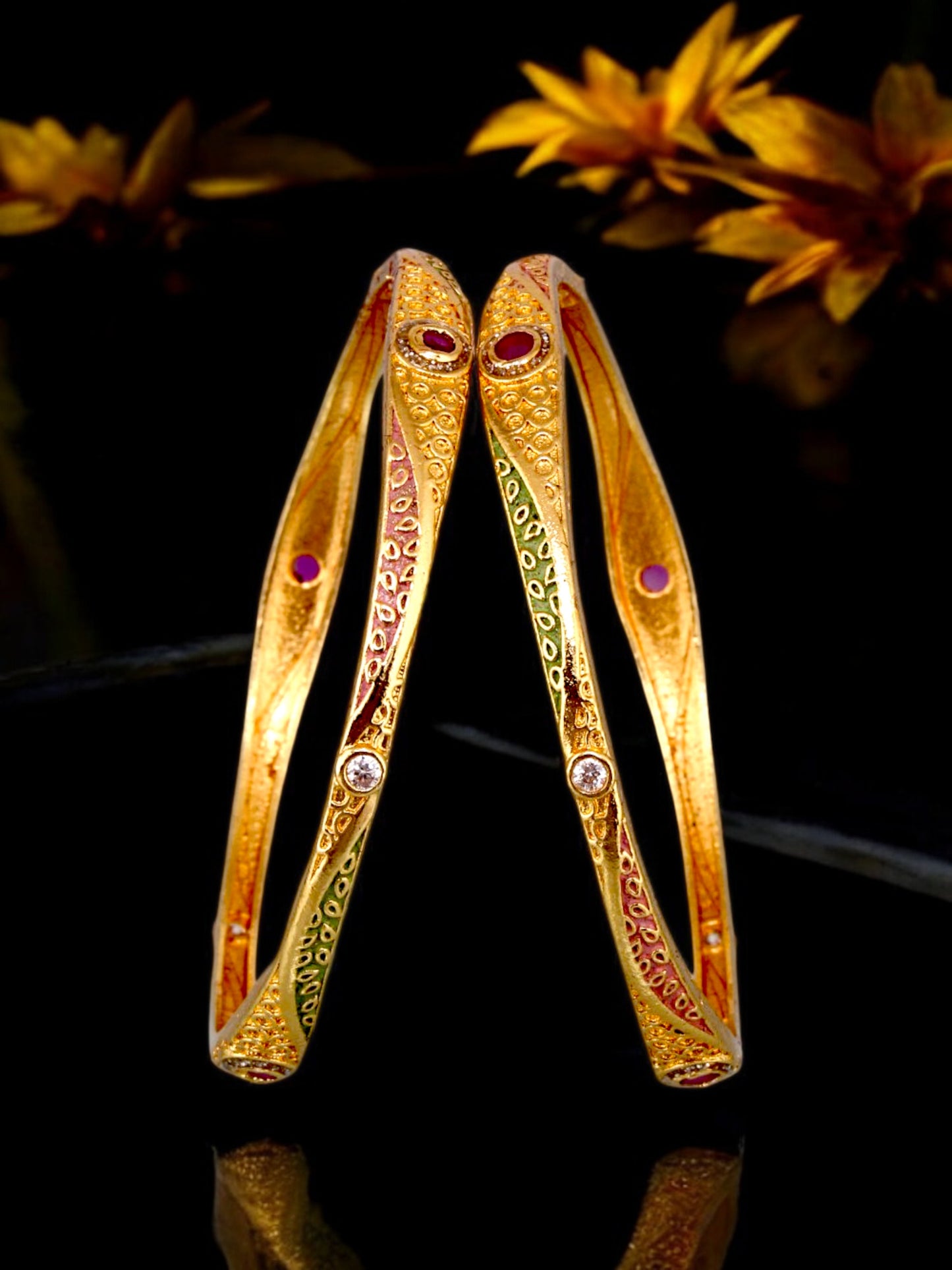 18k One Gram Gold Plated Traditional Designer Pack of 2 Bangle Set For Women