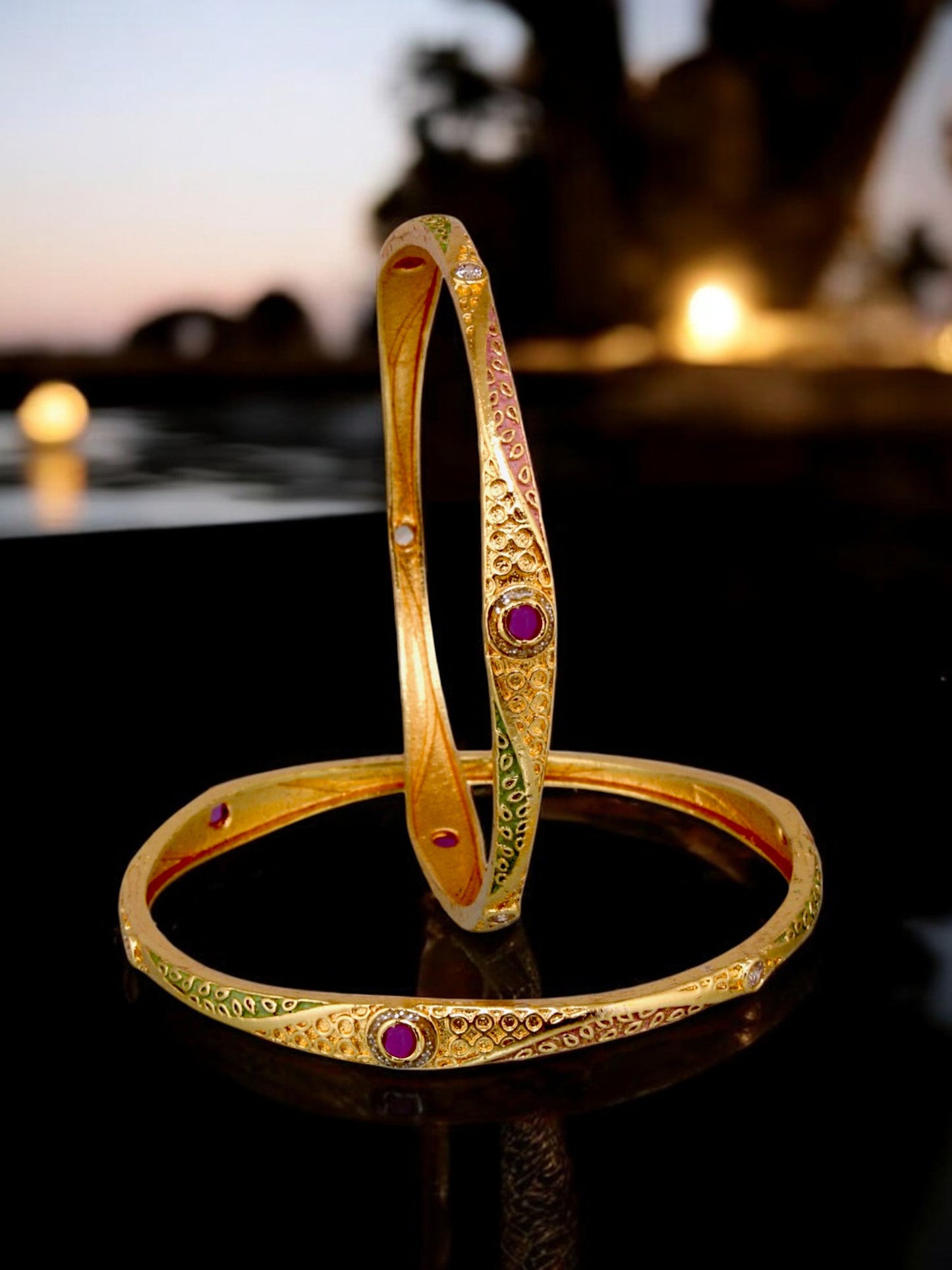 18k One Gram Gold Plated Traditional Designer Pack of 2 Bangle Set For Women