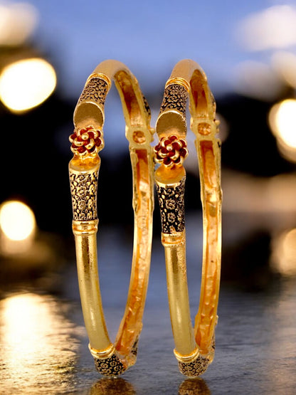 18k One Gram Gold Plated Traditional Designer Pack of 2 Bangle Set For Women