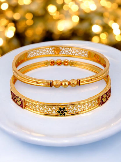 18k One Gram Gold Plated Traditional Designer Pack of 2 Bangle Set For Women