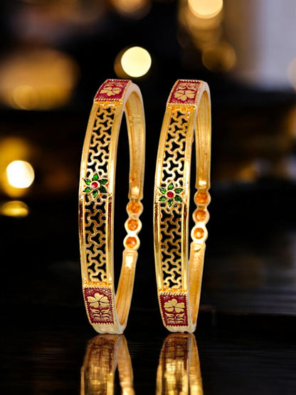 18k One Gram Gold Plated Traditional Designer Pack of 2 Bangle Set For Women