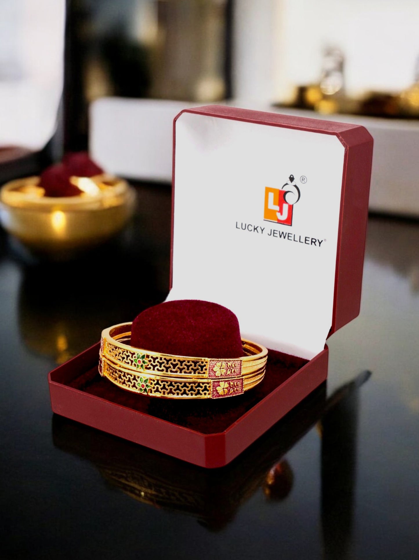 18k One Gram Gold Plated Traditional Designer Pack of 2 Bangle Set For Women