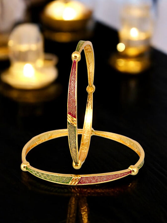 18k One Gram Gold Plated Traditional Designer Pack of 2 Bangle Set For Women